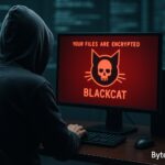 Hacker in hoodie facing computer screen displaying BlackCat ransomware alert with skull and cat logo, representing cybercrime disruption – ByteToLife.com