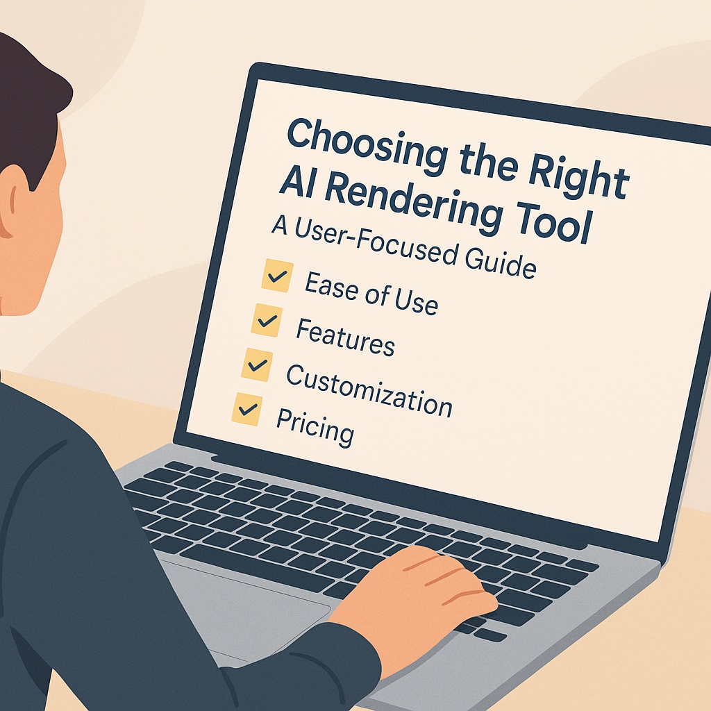 Person using a laptop to read a guide titled Choosing the Right AI Rendering Tool with checklist items like ease of use, features, customization, and pricing.
