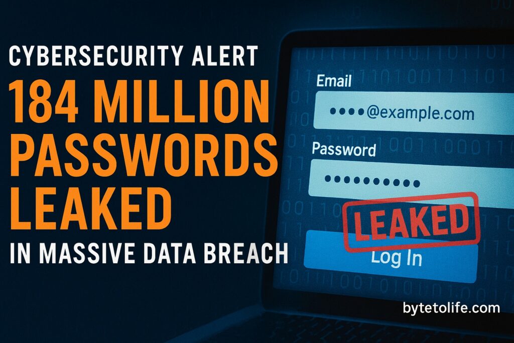 Cybersecurity alert visual showing '184 Million Passwords Leaked' warning with a login form and red 'LEAKED' stamp, highlighting a massive data breach