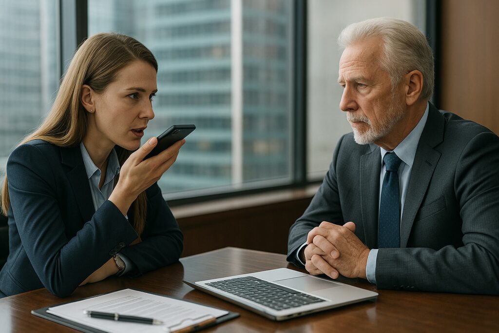 Businesswoman using voice command on smartphone during a serious meeting, highlighting concerns over deepfake voice fraud beyond traditional vishing scams.