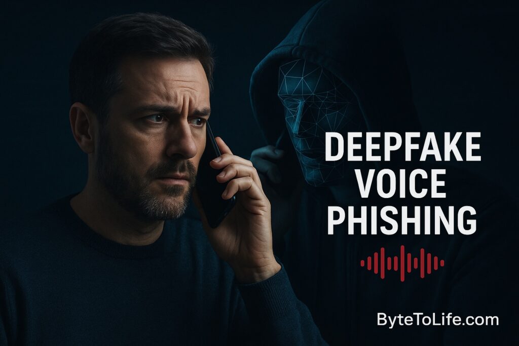 Man receiving a suspicious phone call with a deepfake hacker in the background, illustrating the dangers of AI-powered voice phishing and vishing attacks.