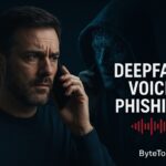 Man receiving a suspicious phone call with a deepfake hacker in the background, illustrating the dangers of AI-powered voice phishing and vishing attacks.