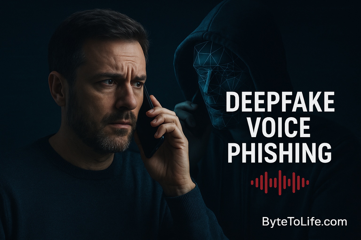 Man receiving a suspicious phone call with a deepfake hacker in the background, illustrating the dangers of AI-powered voice phishing and vishing attacks.