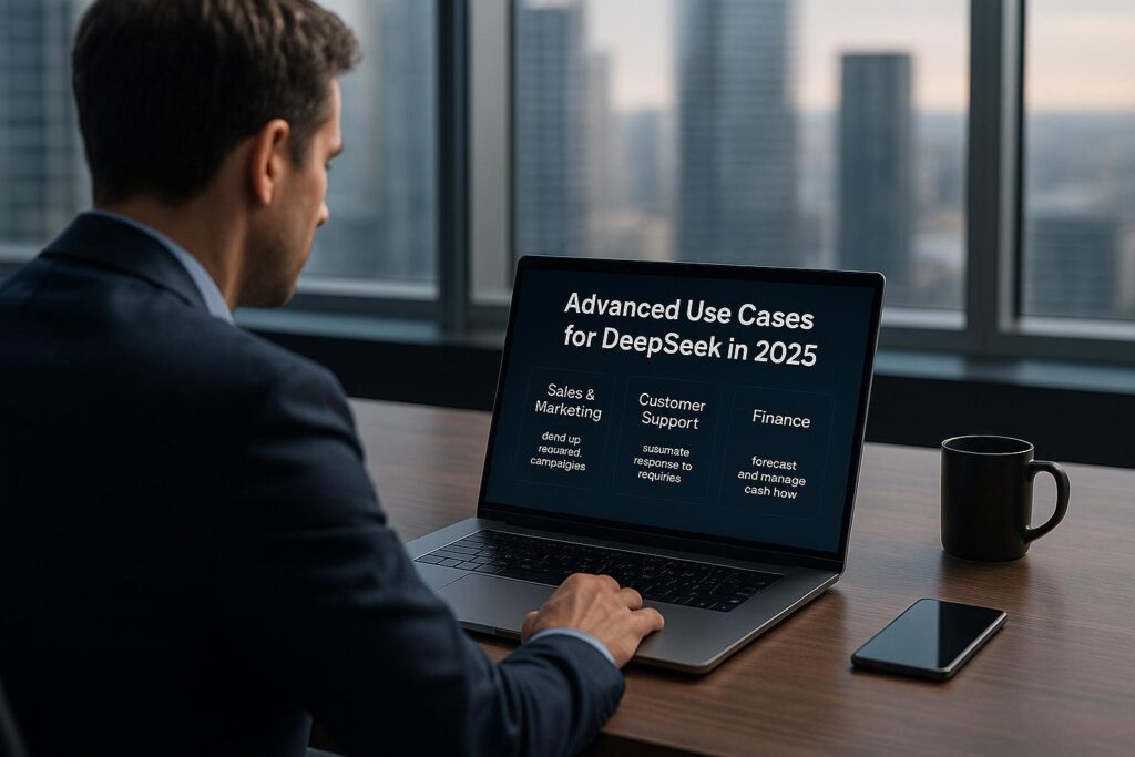 Business professional using DeepSeek AI on a laptop in a modern office, showcasing advanced use cases in sales, customer support, and finance with a city skyline view.