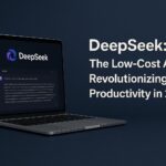 Laptop displaying DeepSeek AI interface with headline 'DeepSeek: The Low-Cost AI Tool Revolutionizing Productivity in 2025' on a dark background.