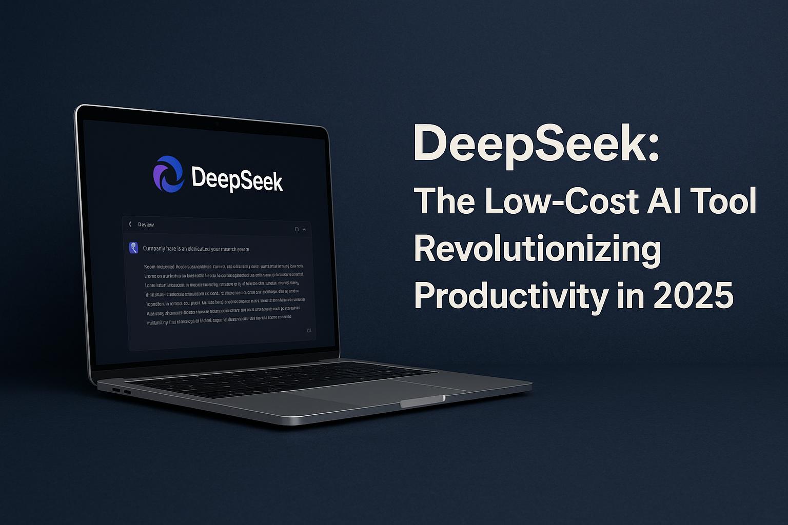 Laptop displaying DeepSeek AI interface with headline 'DeepSeek: The Low-Cost AI Tool Revolutionizing Productivity in 2025' on a dark background.