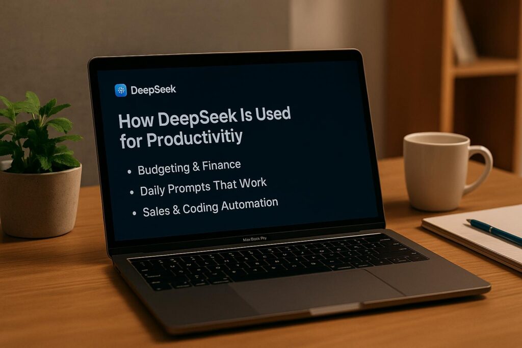 Laptop displaying DeepSeek AI productivity features on a desk with a coffee mug, notebook, and plant — representing budgeting, prompts, and automation.