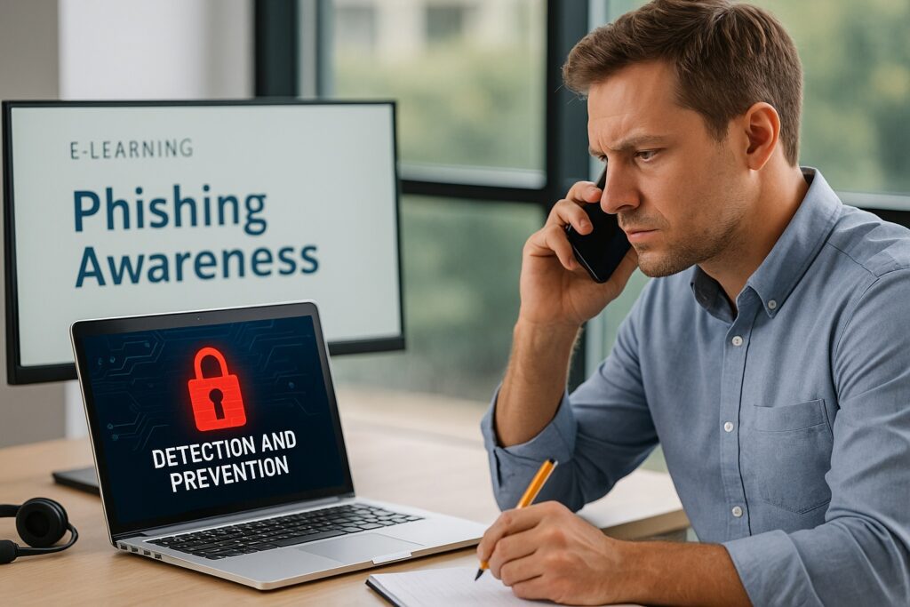 Man reviewing cybersecurity strategies while on a phone call, with a laptop screen showing 'Detection and Prevention' and a 'Phishing Awareness' presentation in the background.