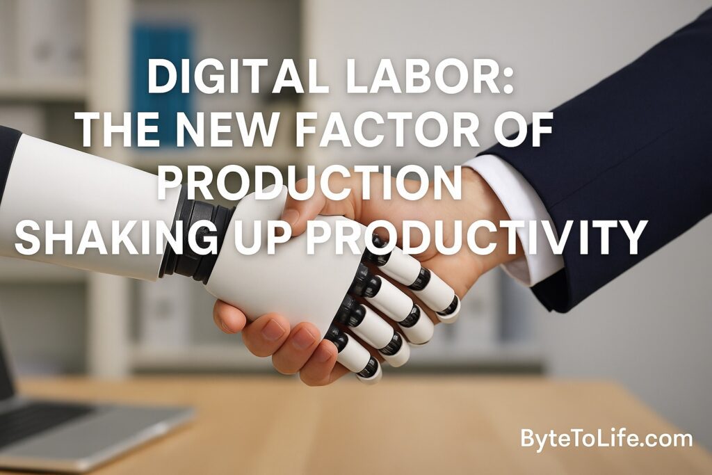 A human and robot shaking hands symbolizing digital labor and AI-driven productivity in the modern workplace.