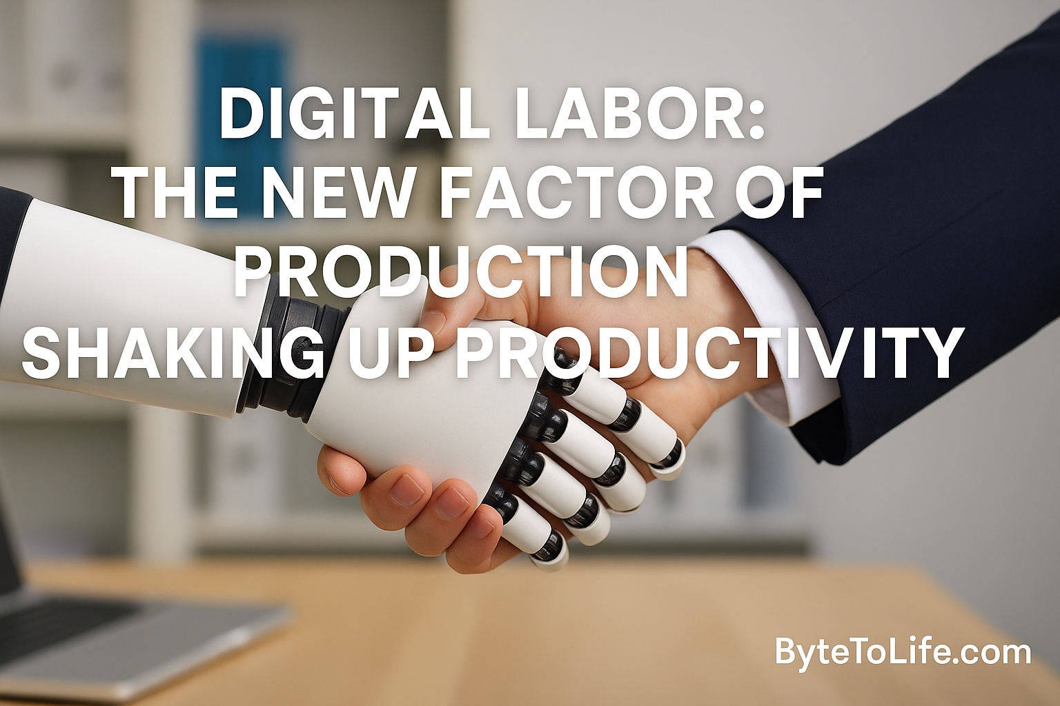 A human and robot shaking hands symbolizing digital labor and AI-driven productivity in the modern workplace.