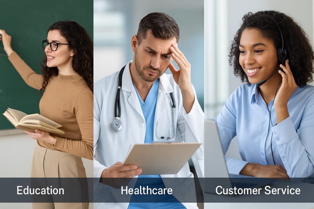 A visual comparison of how emotion-aware AI tools support professionals in education, healthcare, and customer service industries.