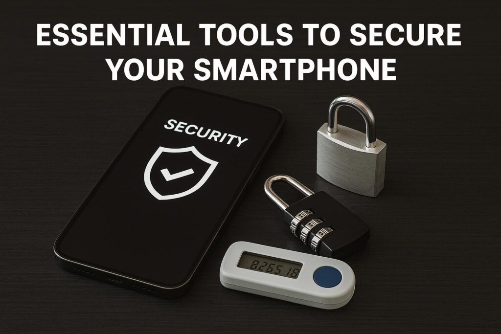 Essential smartphone security tools including a phone with a security screen, padlocks, and a two-factor authentication device on a dark surface.