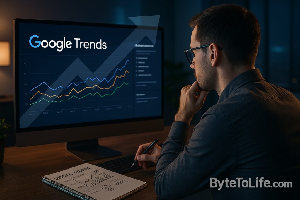 Man studying Google Trends data on a monitor to find trending topics for making money online — featured image for ByteToLife.com