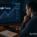 Man studying Google Trends data on a monitor to find trending topics for making money online — featured image for ByteToLife.com