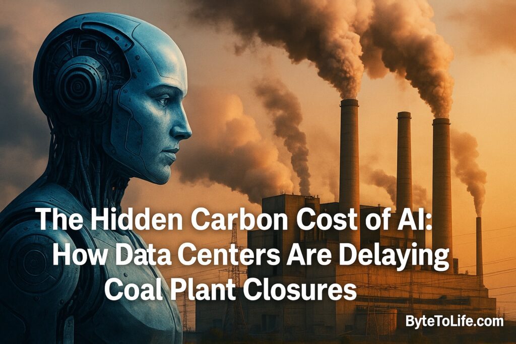 AI robot and coal power plant illustrating the carbon impact of data centers delaying coal plant closures