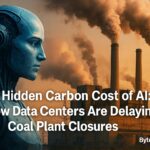 AI robot and coal power plant illustrating the carbon impact of data centers delaying coal plant closures