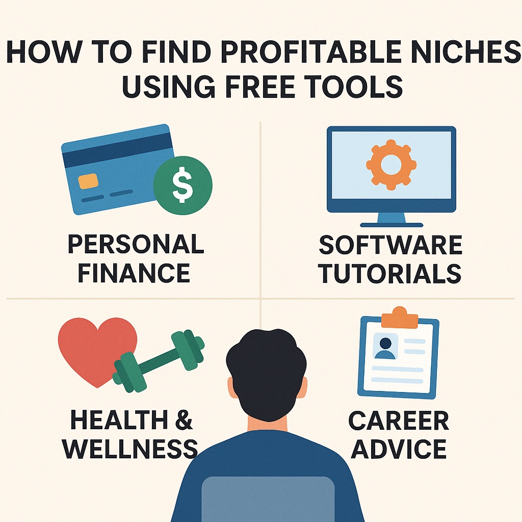 Infographic showing profitable niche ideas using free tools, including personal finance, software tutorials, health and wellness, and career advice.