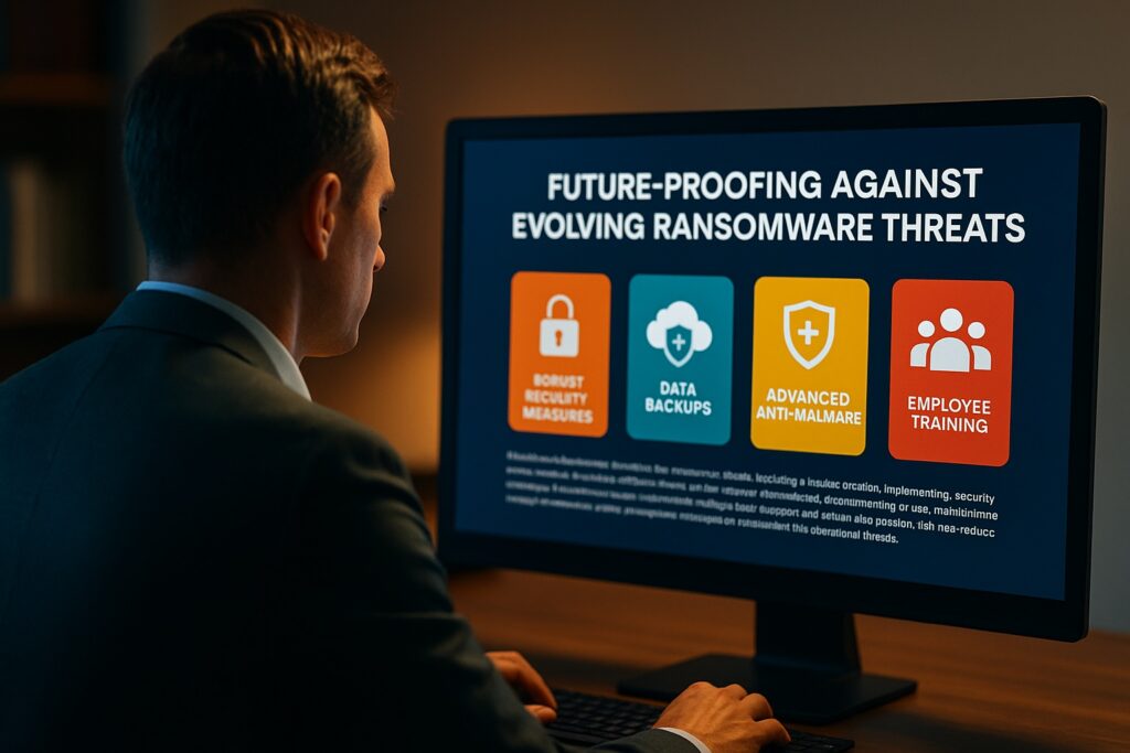 Cybersecurity professional analyzing future-proofing strategies against ransomware threats on a computer screen, including backups, anti-malware, employee training, and security measures – ByteToLife.com