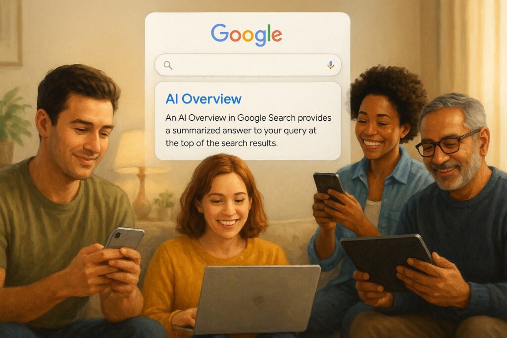 Four diverse people using devices with Google AI Overviews displayed, representing how AI-powered summaries simplify web search for everyday users.