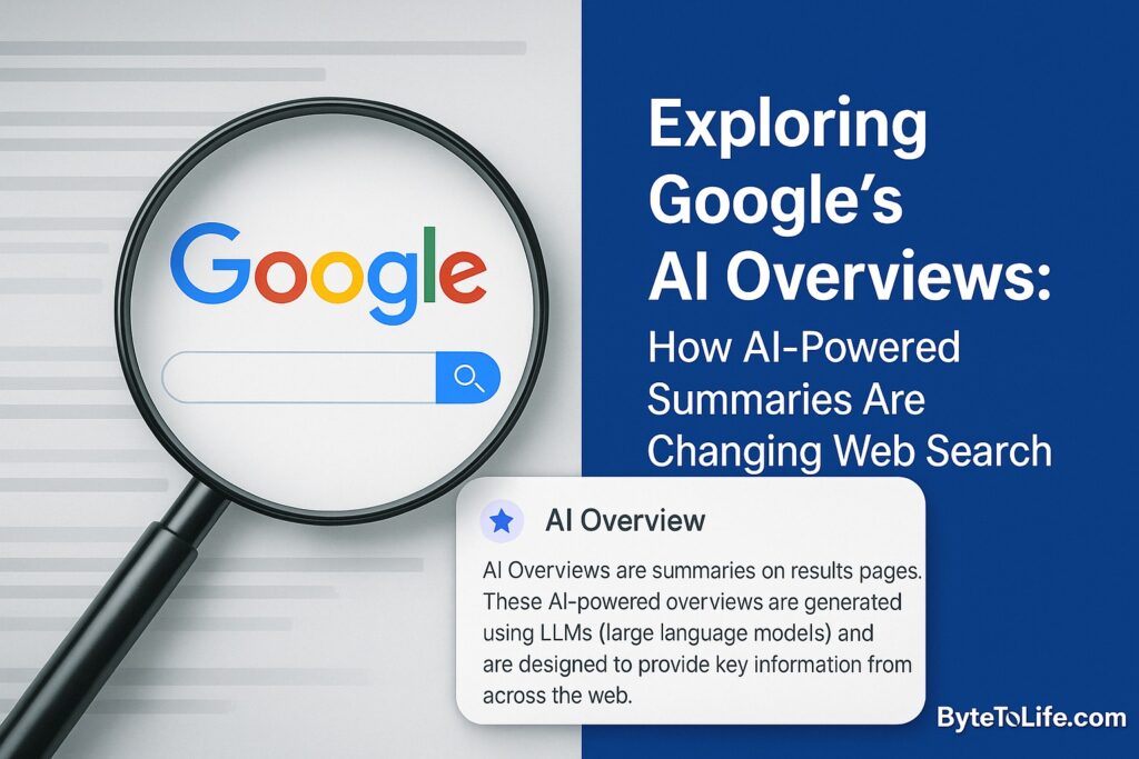 Illustration of Google AI Overviews highlighting how AI-powered summaries are transforming web search results, with ByteToLife.com branding.