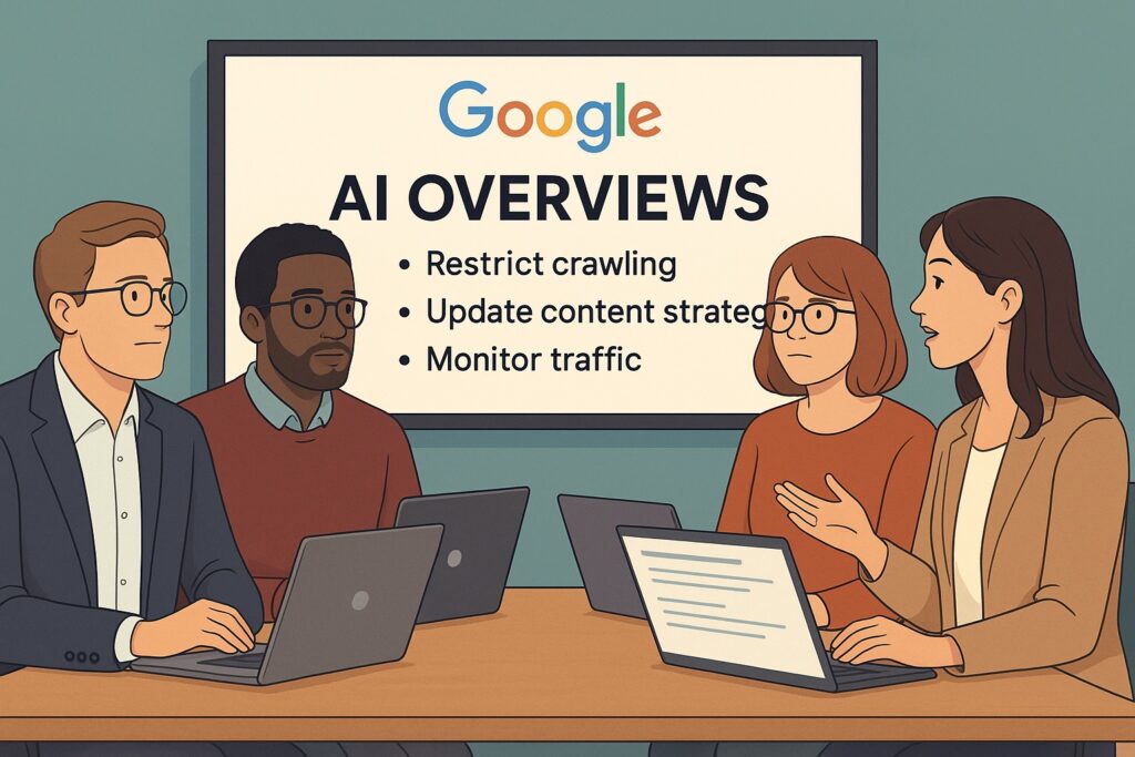 Group of diverse professionals in a meeting discussing Google AI Overviews, with a presentation highlighting strategies like restricting crawling and updating content.