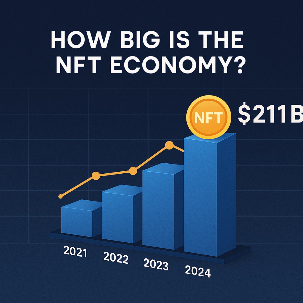 Infographic illustrating the size and growth of the NFT economy, including market statistics, blockchain usage, and digital collectibles trends.
