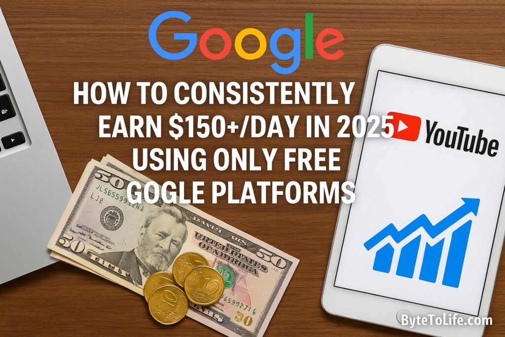 Realistic image showing how to earn $150 per day using free Google tools like YouTube, Blogger, and Discover.