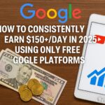 Realistic image showing how to earn $150 per day using free Google tools like YouTube, Blogger, and Discover.