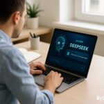 Man using laptop with DeepSeek AI chatbot interface to earn money online