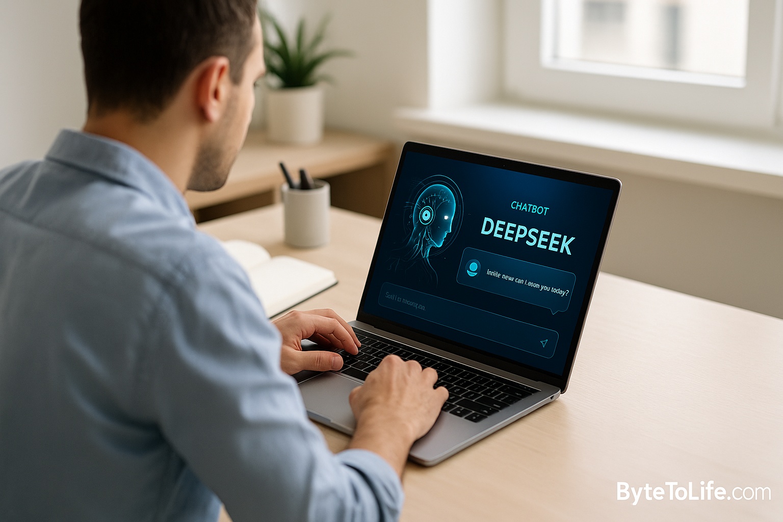 Man using laptop with DeepSeek AI chatbot interface to earn money online