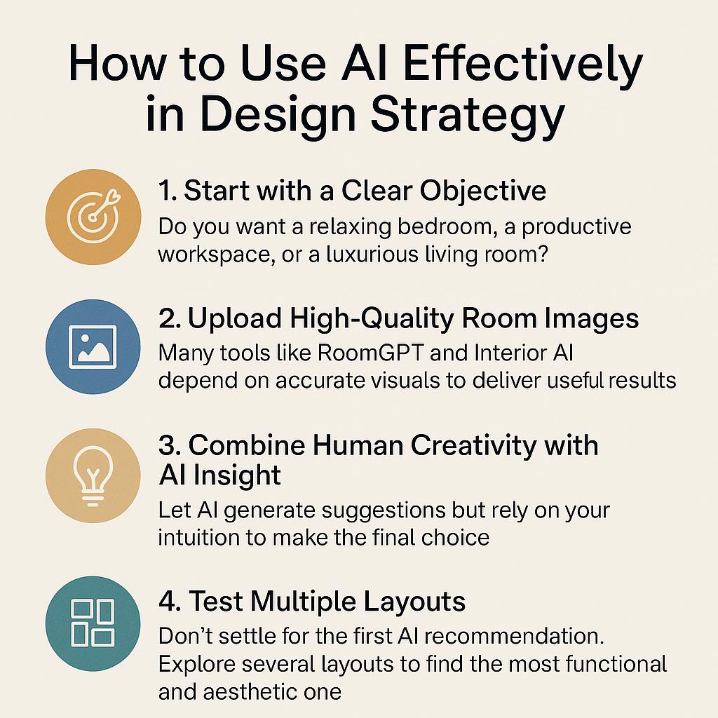 Infographic showing four key steps to use AI effectively in interior design strategy, including clear objectives, high-quality room images, human-AI collaboration, and layout testing.