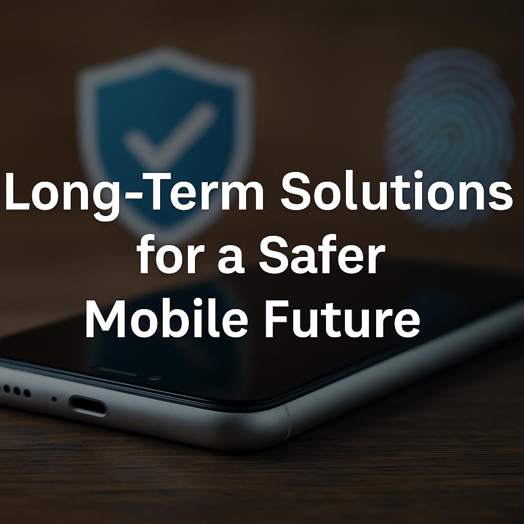 A smartphone on a wooden surface with a shield and fingerprint icon in the background, illustrating long-term solutions for mobile security.