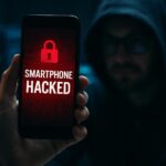 A person holding a smartphone displaying a red 'Smartphone Hacked' warning screen, symbolizing state-sponsored mobile cyberattacks