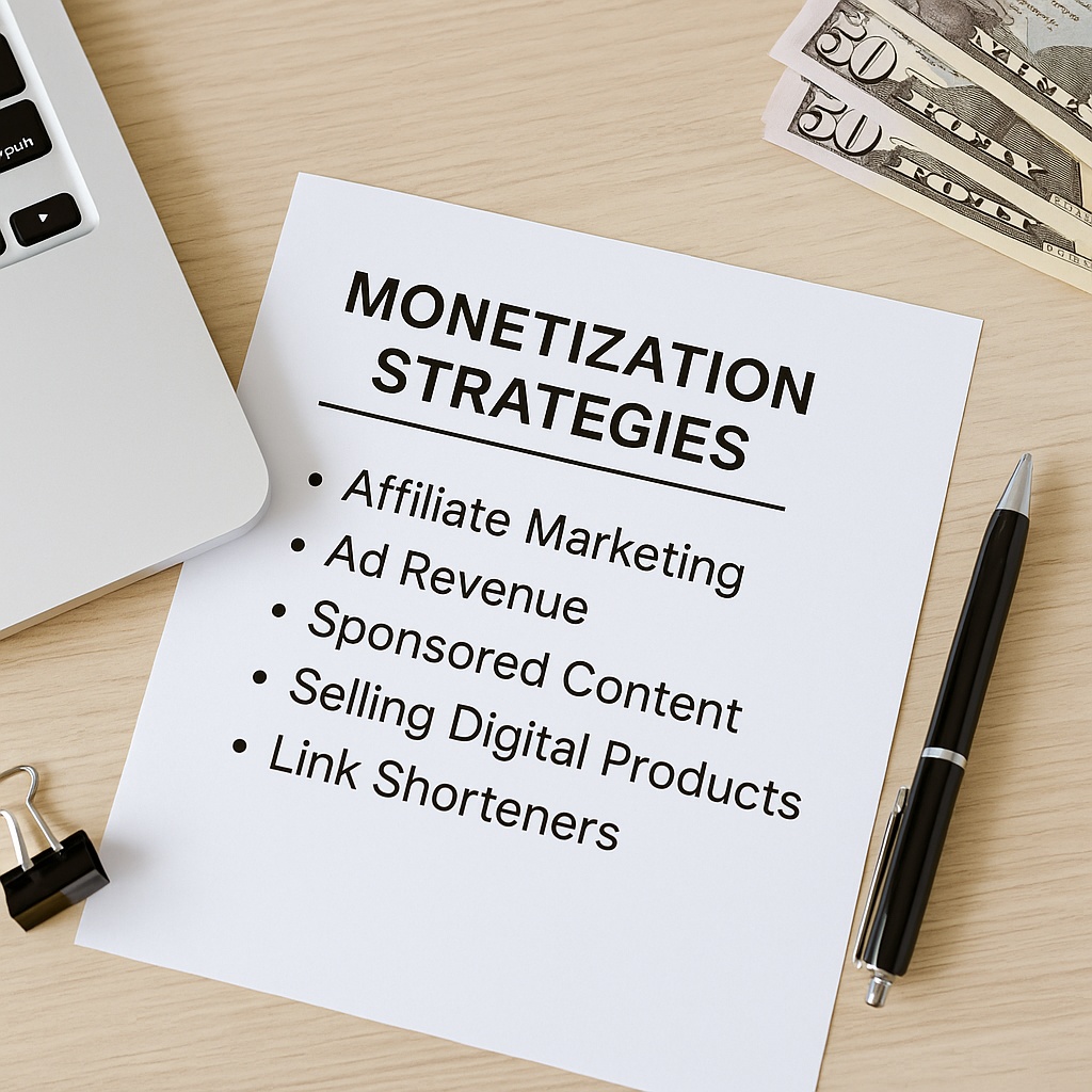 Printed notes titled Monetization Strategies listing affiliate marketing, ad revenue, sponsored content, digital products, and link shorteners on a desk with a laptop, pen, and cash.