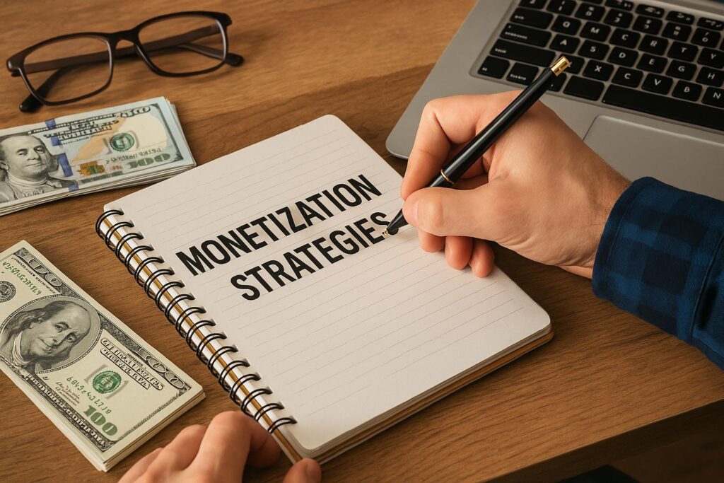 Person writing "Monetization Strategies" in a notebook next to dollar bills and a laptop, symbolizing financial planning and online income strategies.