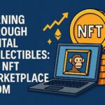 Realistic digital illustration of NFTs and blockchain collectibles in a virtual marketplace, representing online income opportunities through Web3 technology