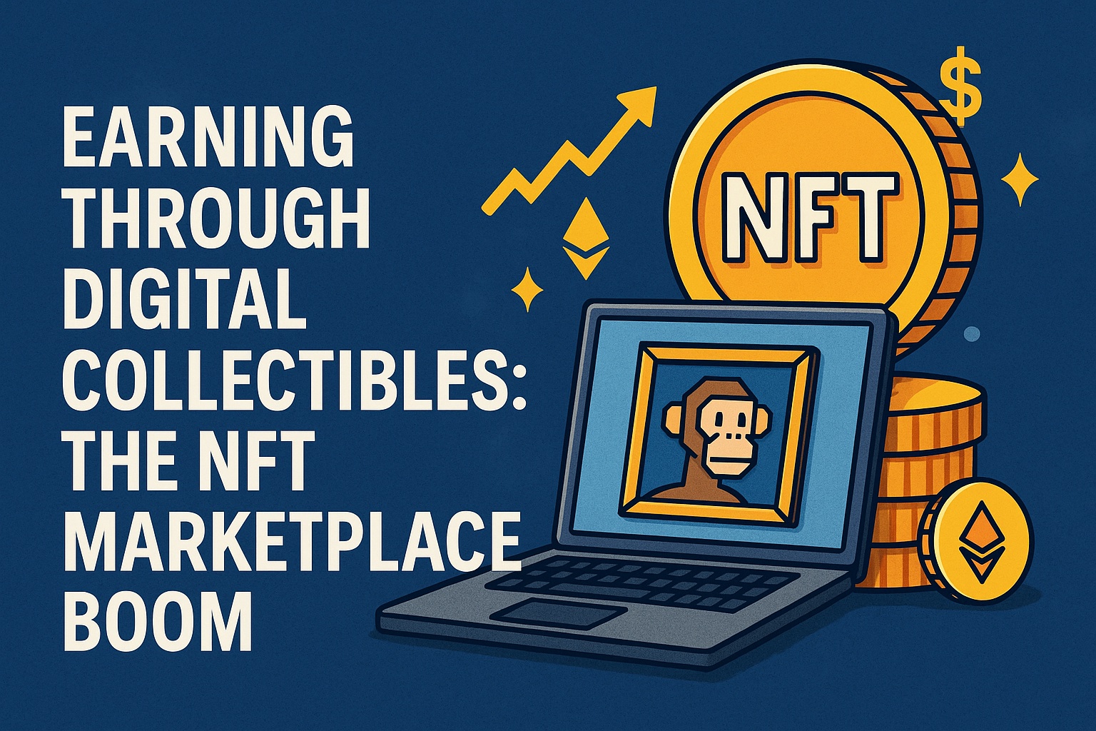 Realistic digital illustration of NFTs and blockchain collectibles in a virtual marketplace, representing online income opportunities through Web3 technology