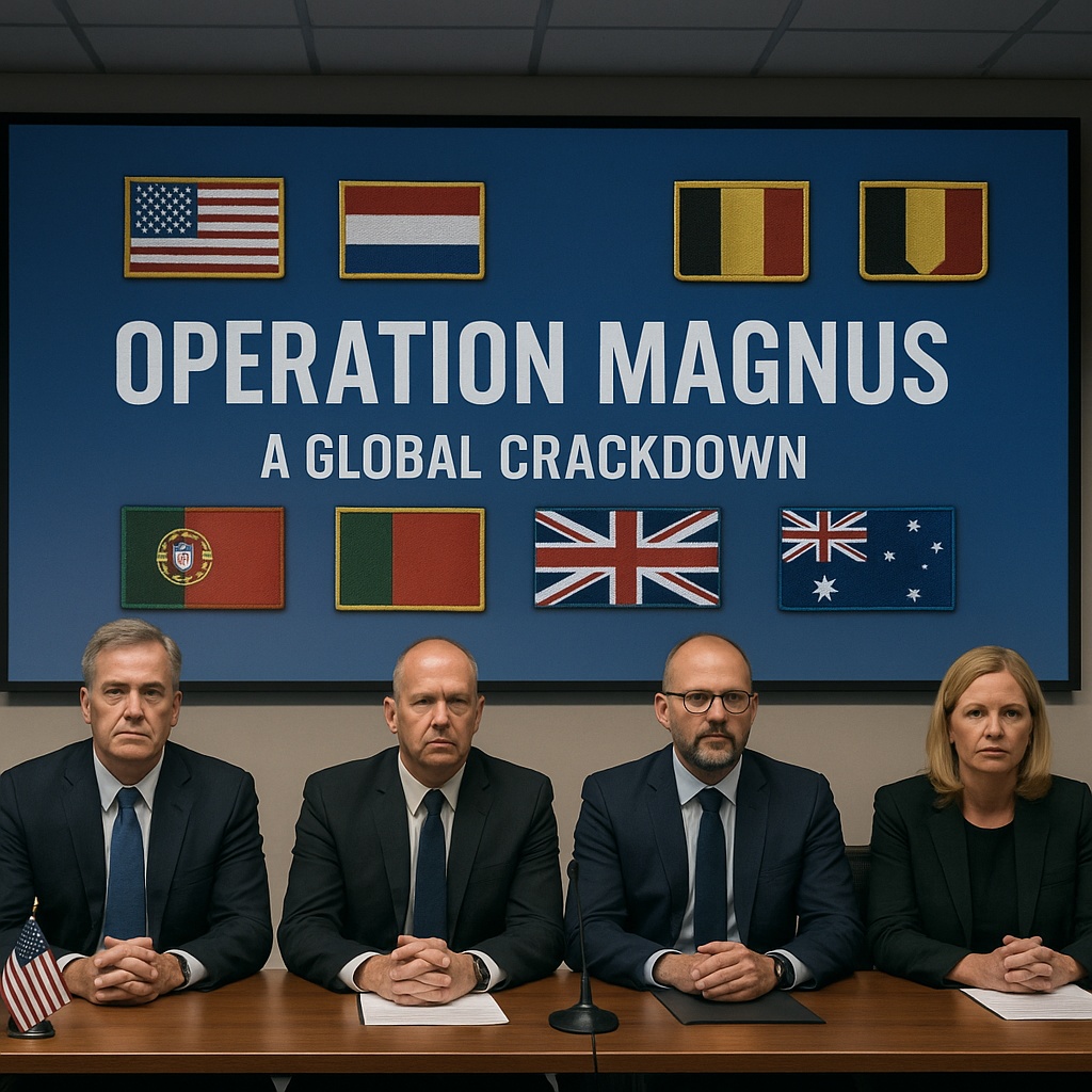 International press conference showcasing Operation Magnus, a global law enforcement effort against RedLine malware, with officials from multiple countries.