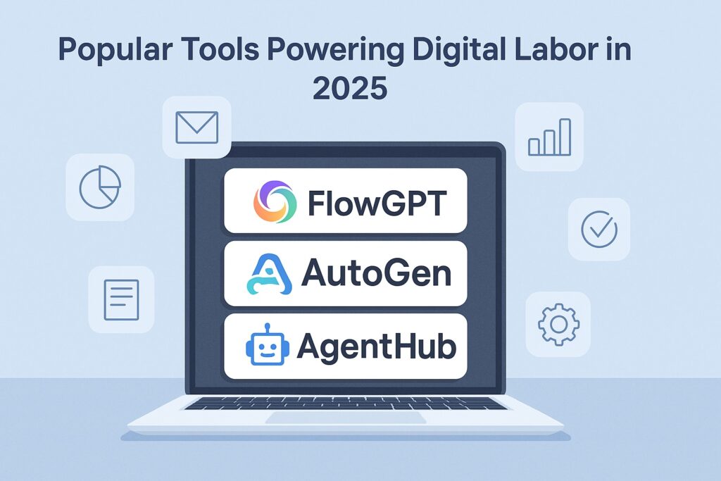 Illustration of FlowGPT, AutoGen, and AgentHub logos displayed on a laptop screen, representing popular tools powering digital labor in 2025.