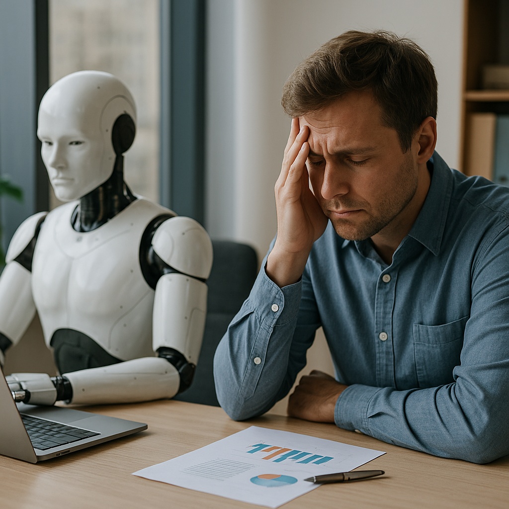Stressed office worker sitting beside a humanoid robot, illustrating the psychological impact of AI and digital labor on human employees in the workplace.