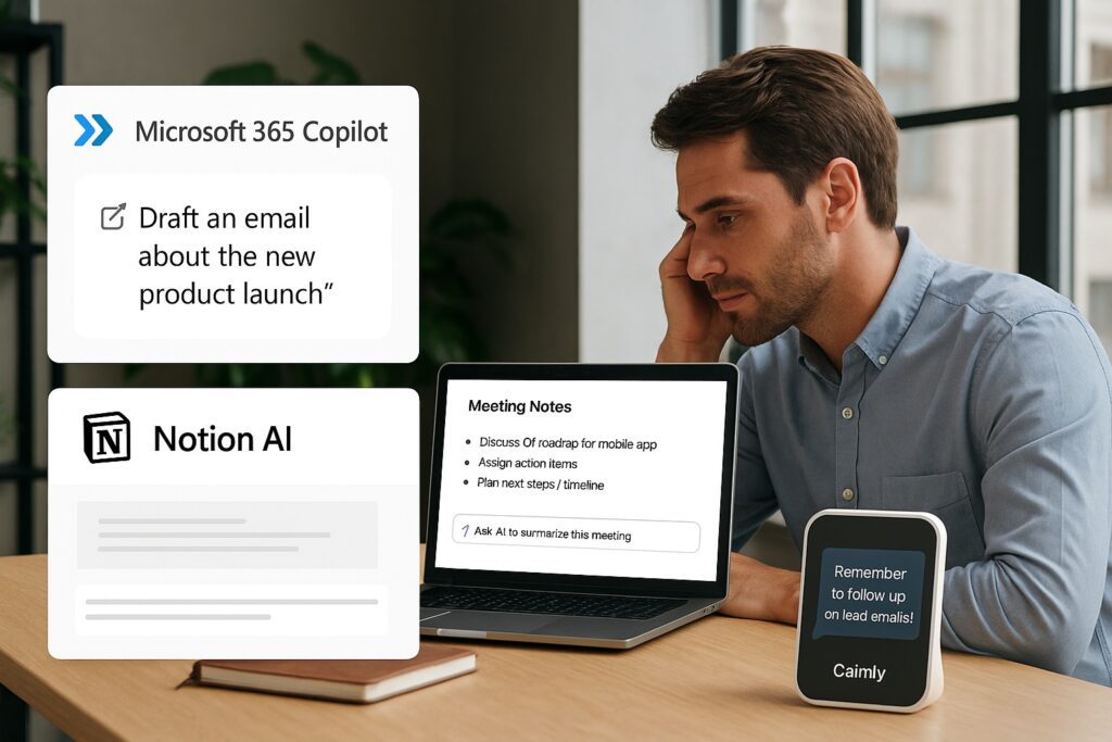A man using AI productivity tools including Microsoft 365 Copilot, Notion AI, and Calmly in a modern office setting to manage tasks, take notes, and receive reminders.