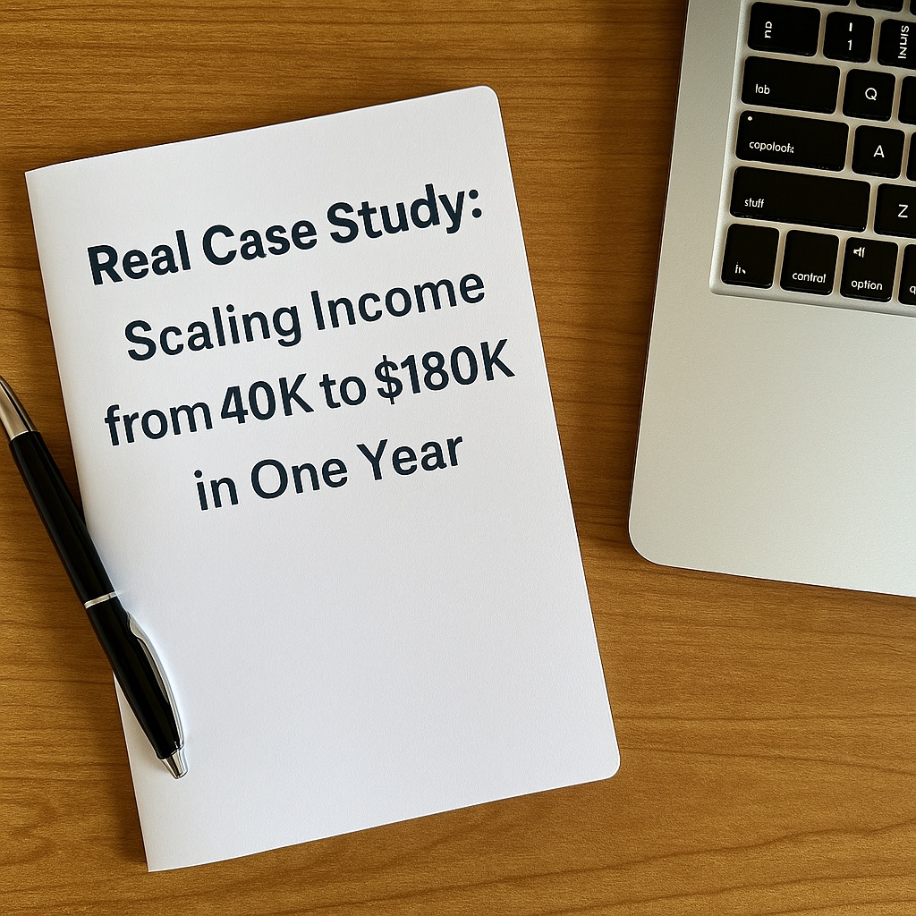 Workspace with laptop, pen, and case study notes illustrating income growth from $40K to $180K through AI-powered gig work.