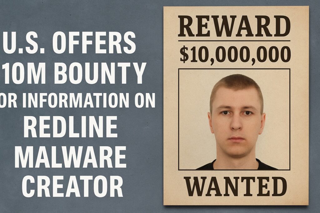 U.S. offers $10 million bounty for information on RedLine malware creator Maxim Rudometov, featuring a wanted poster and announcement graphic.
