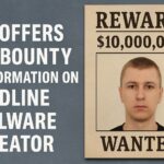 U.S. offers $10 million bounty for information on RedLine malware creator Maxim Rudometov, featuring a wanted poster and announcement graphic.