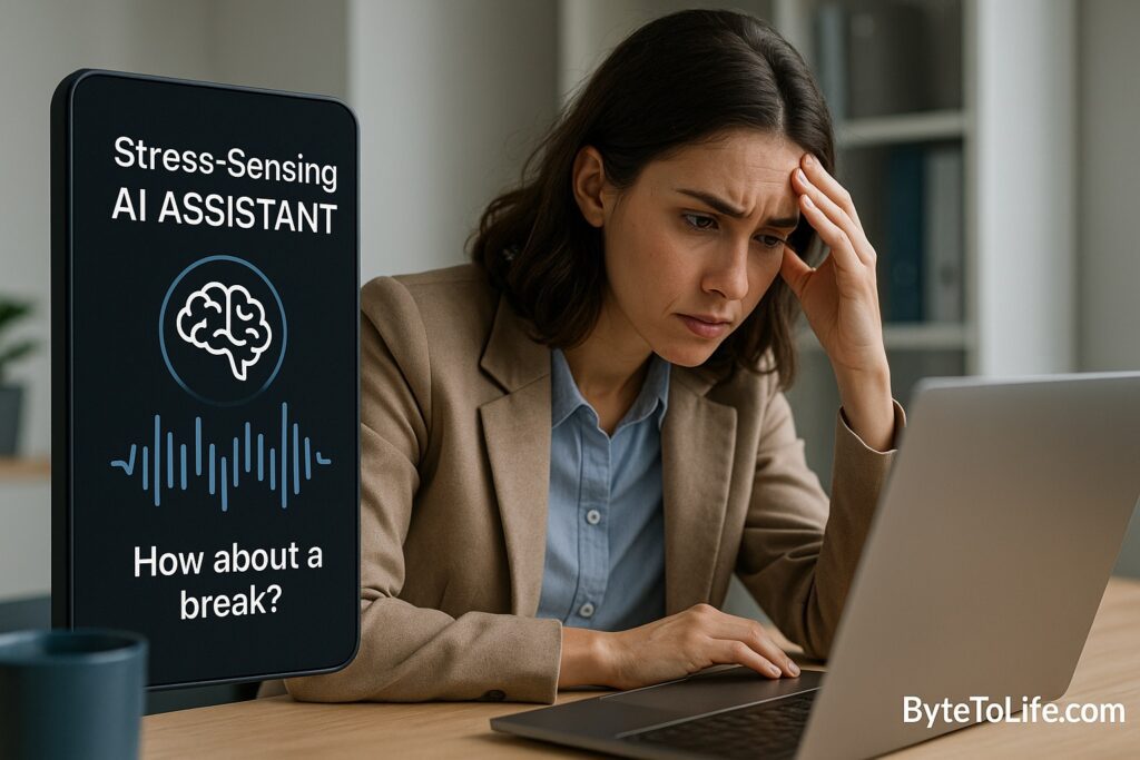 A stressed young woman at her desk receiving a break suggestion from a stress-sensing AI assistant device, representing emotional-aware digital productivity tools.