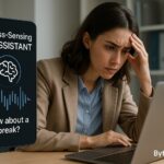 A stressed young woman at her desk receiving a break suggestion from a stress-sensing AI assistant device, representing emotional-aware digital productivity tools.