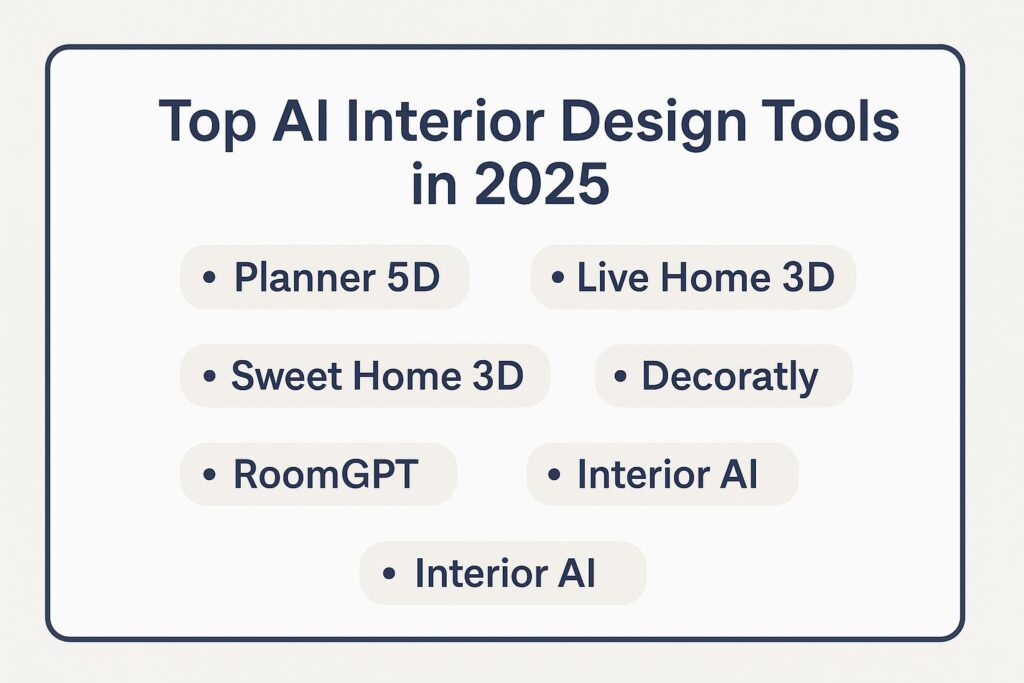 List of top AI interior design tools in 2025 including Planner 5D, Live Home 3D, Sweet Home 3D, Decoratly, RoomGPT, and Interior AI displayed in a clean, professional layout.