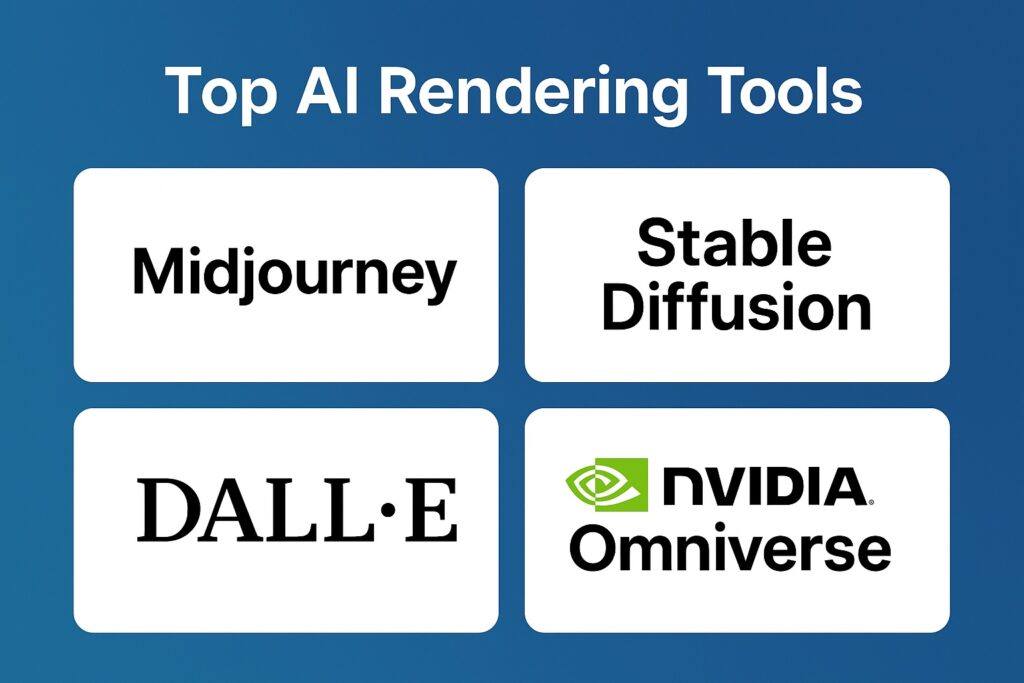 Logos of top AI rendering tools including Midjourney, Stable Diffusion, DALL·E, and NVIDIA Omniverse on a blue background.