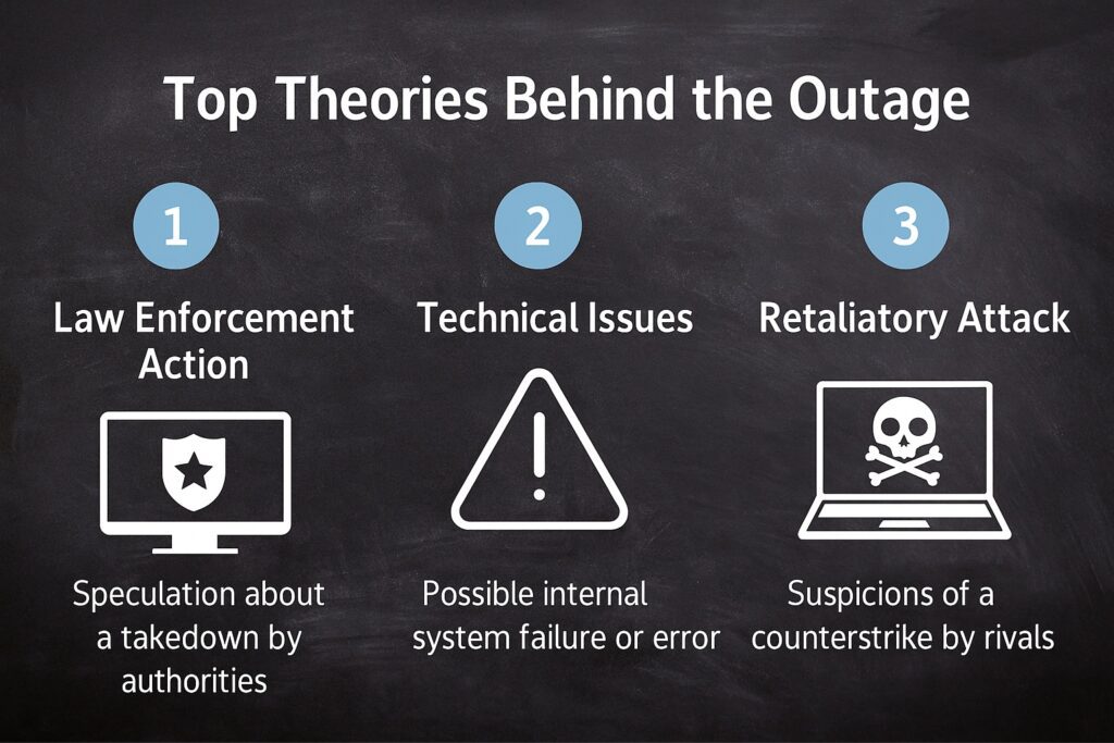 Infographic showing three main theories behind the BlackCat ransomware outage: law enforcement action, technical issues, and retaliatory cyberattacks – ByteToLife.com