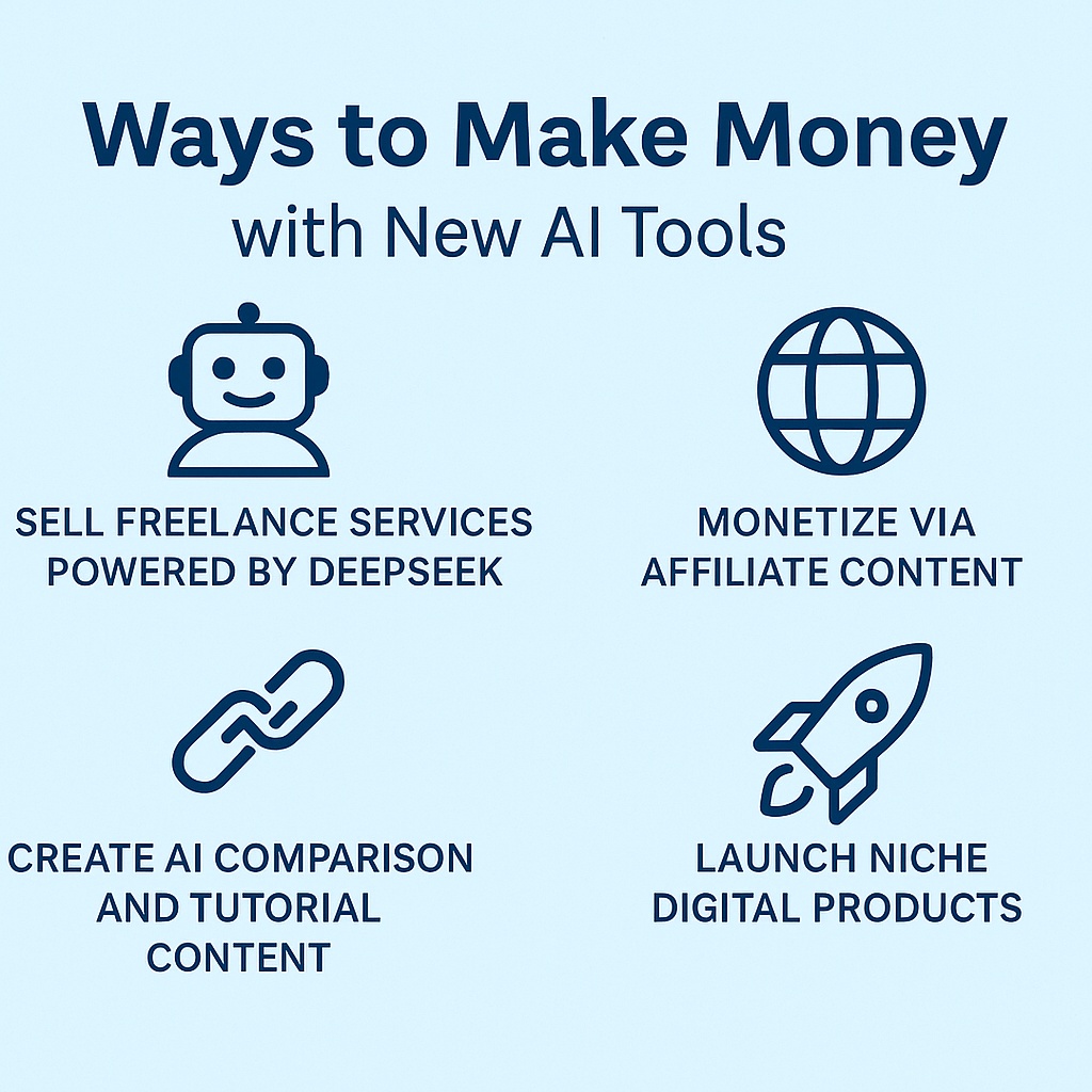Infographic showing five ways to make money with new AI tools, including freelance services with DeepSeek, creating AI tutorial content, selling prompt templates, affiliate monetization, and launching niche digital products.